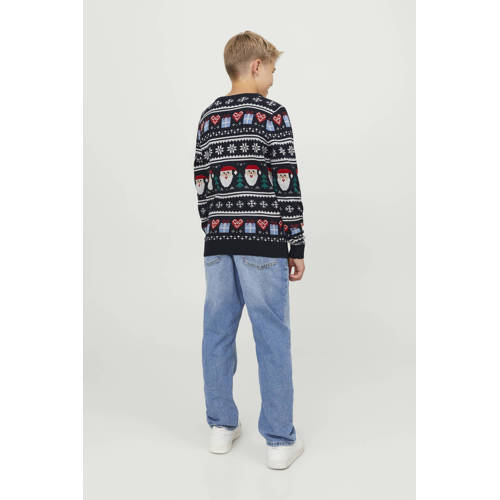 jack & jones JUNIOR kersttrui JORFESTIVE met all over print donkerblauw Jongens Gerecycled katoen Ronde hals 128