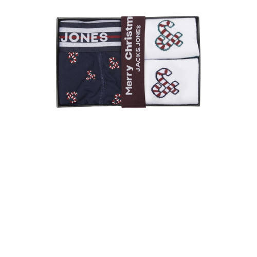 jack & jones JUNIOR giftbox boxershort + sokken JACXMAS CANDY donkerblauw wit Jongens Stretchkatoen 128