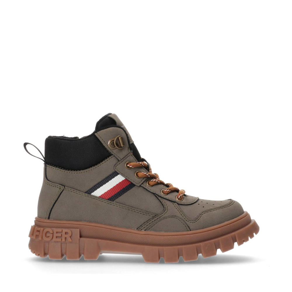 Grijsbruine jongens Tommy Hilfiger veterboots van imitatieleer met profielzool en rits- en vetersluiting