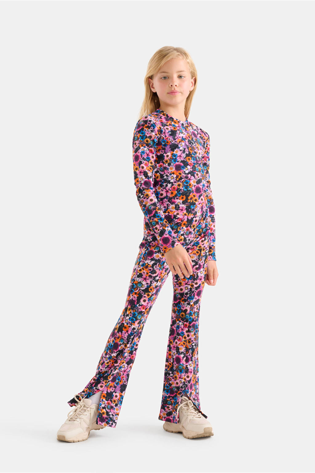 Roze, lila en blauwe meisjes Shoeby gebloemde flared broek Viola van polyester met regular waist en elastische tailleband