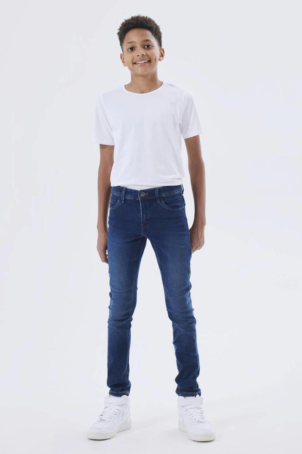 Donkerblauwe jongens NAME IT KIDS slim fit jeans dark blue van stretchkatoen met effen