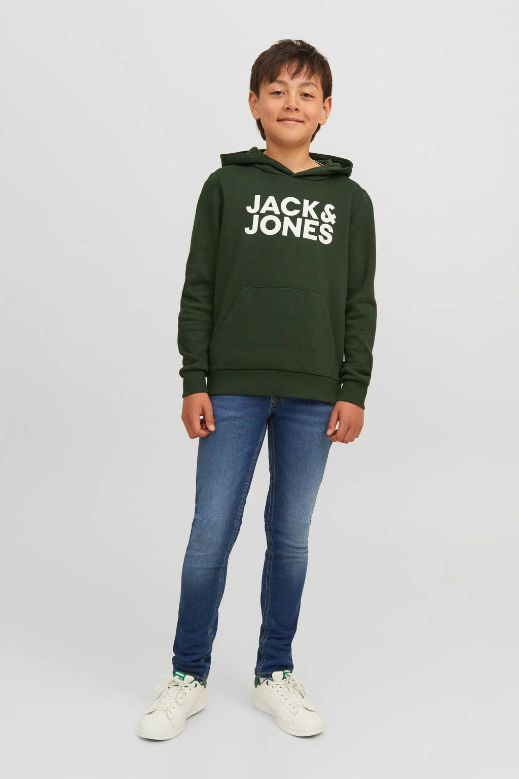 Groene jongens JACK & JONES JUNIOR hoodie van sweat materiaal met logo dessin, lange mouwen en capuchon