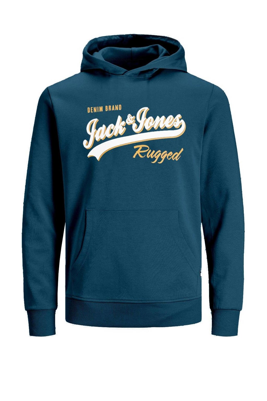 Blauwe jongens JACK & JONES JUNIOR hoodie van sweat materiaal met logo dessin, lange mouwen en capuchon