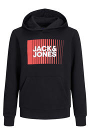 thumbnail: Zwarte jongens JACK & JONES JUNIOR hoodie van sweat materiaal met logo dessin, lange mouwen en capuchon