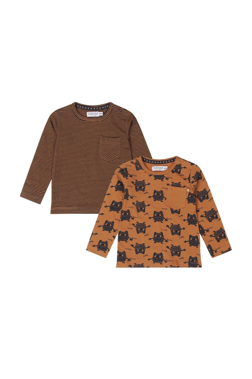 Set van 2 bruin en camelkleurige jongens Dirkje longsleeve van stretchkatoen met all over print, lange mouwen, ronde hals en drukknoopsluiting