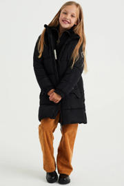 thumbnail: Zwarte meisjes WE Fashion gewatteerde winterjas van gerecycled polyester met lange mouwen, ronde hals en rits- en drukknoopsluiting