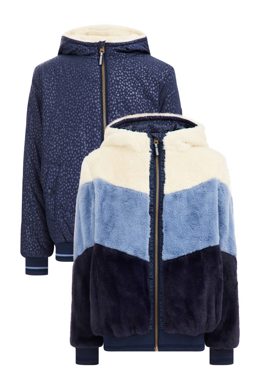 reversible winterjas met imitatiebont blauw/offwhite/donkerblauw