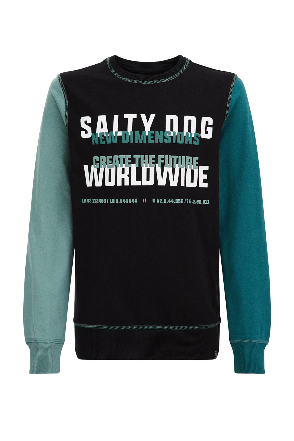 Zwart en groene jongens WE Fashion Salty Dog sweater met printopdruk, lange mouwen en ronde hals