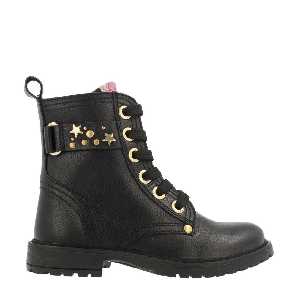 Zwarte meisjes Develab leren veterboots met profielzool en rits- en vetersluiting