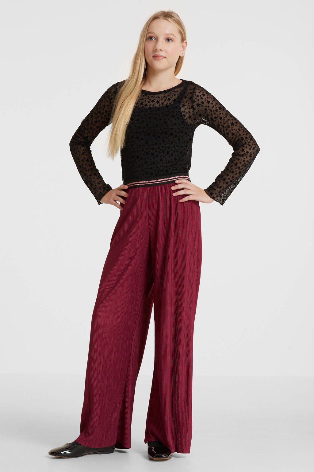 anytime plisse wide leg broek bordeauxrood