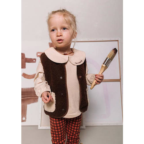 The New Chapter gilet donkerbruin ecru Meisjes Teddy Ronde hals Meerkleurig 104