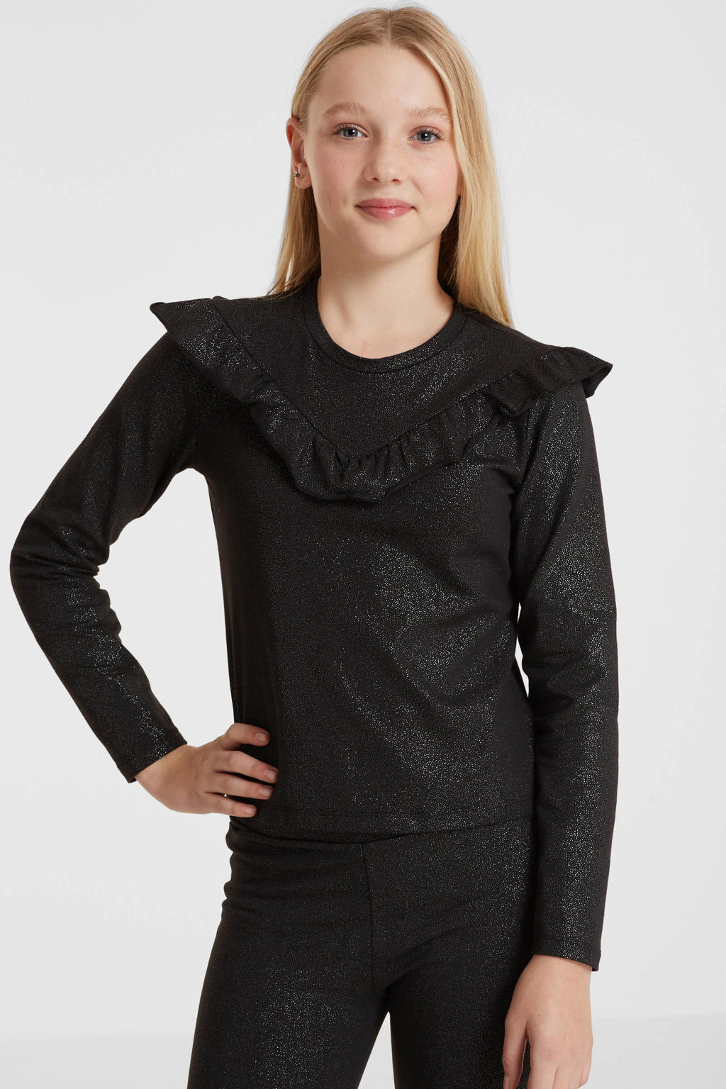 anytime top met ruffles zwart/zilver