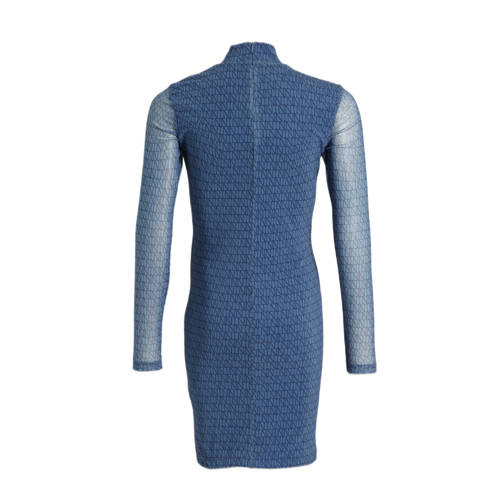 NIK&NIK semi-transparante jurk NN met all over print en mesh blauw Meisjes Polyester Opstaande kraag 140