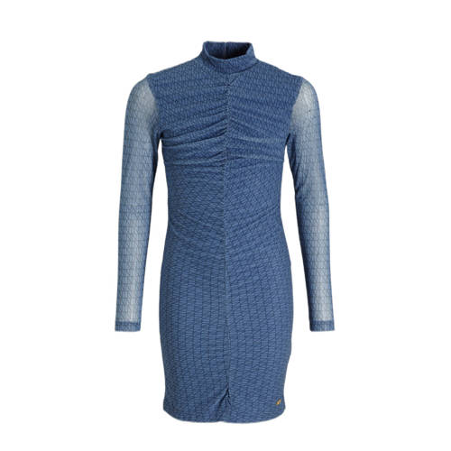 NIK&NIK semi-transparante jurk NN met all over print en mesh blauw Meisjes Polyester Opstaande kraag