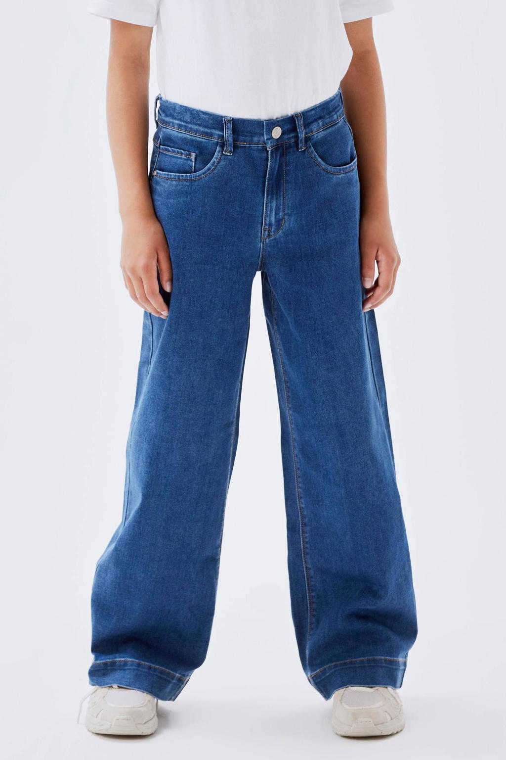 Medium blue denim meisjes NAME IT KIDS wide leg jeans van stretchdenim met rits- en knoopsluiting en effen