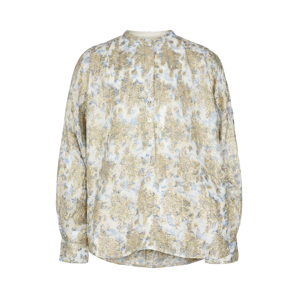 blouse met all over print ecru/goud/blauw