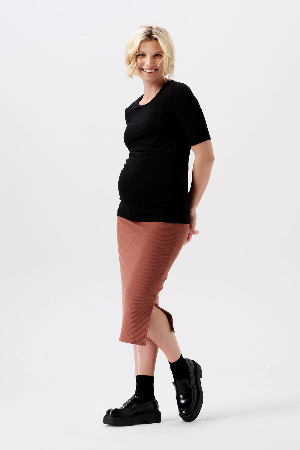 Bruine dames Noppies ribgebreide zwangerschapsrok Vija van gerecycled polyester met regular waist en elastische tailleband