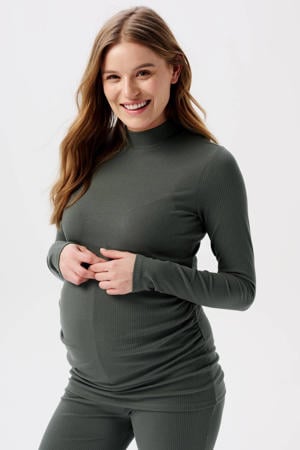 ribgebreide zwangerschapslongsleeve Sira van polyester olijfgroen