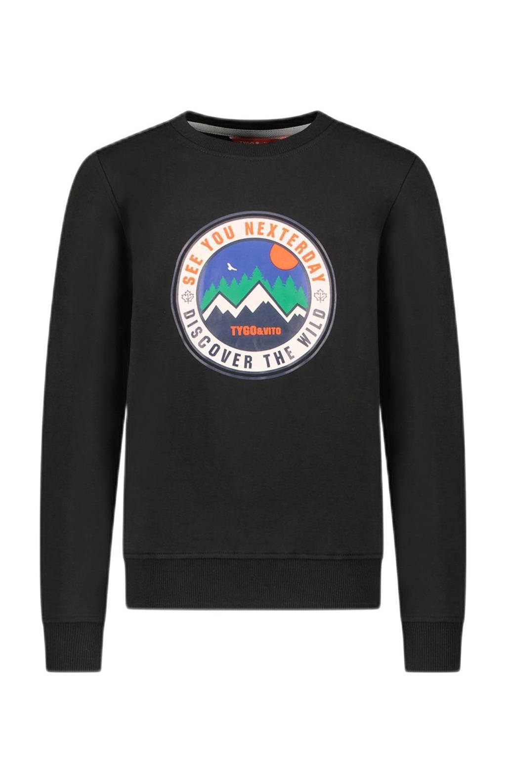 Zwart, wit en oranje jongens TYGO & vito sweater Safa met lange mouwen en ronde hals