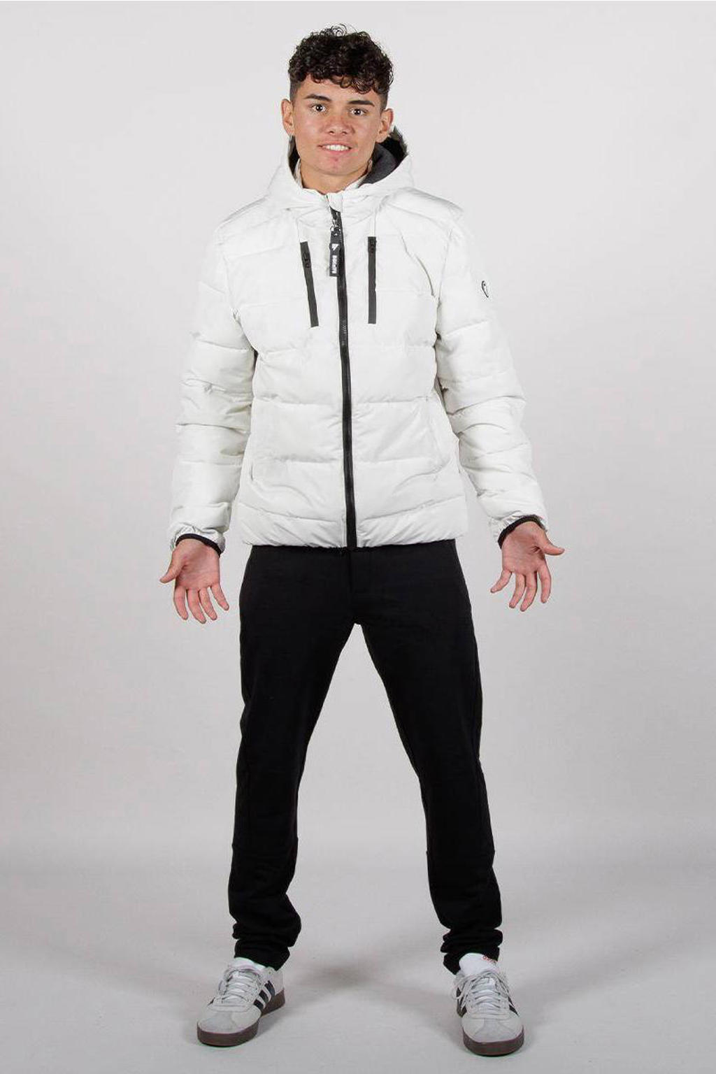 Witte jongens Bellaire gewatteerde winterjas van polyester met effen, lange mouwen, capuchon en ritssluiting