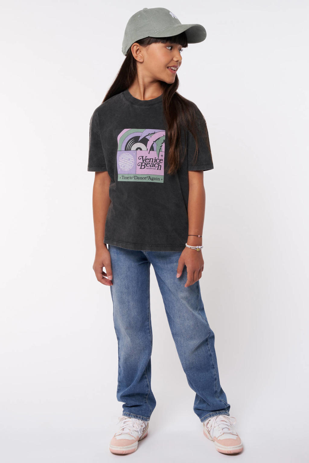 Zwarte meisjes America Today T-shirt Estella JR van katoen met printopdruk, korte mouwen en ronde hals