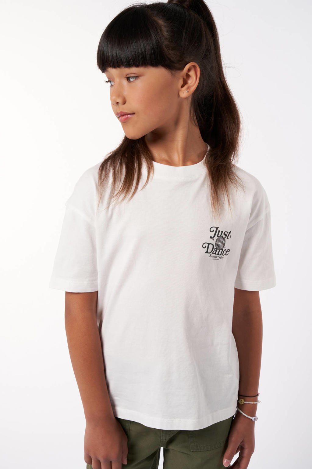 Witte meisjes America Today T-shirt Estella JR van katoen met backprint, korte mouwen en ronde hals