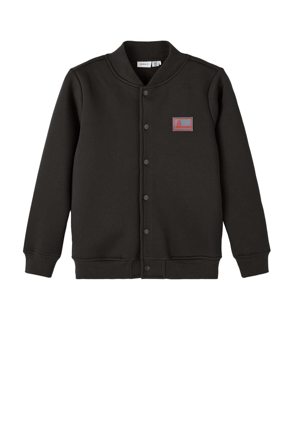 Zwarte jongens NAME IT KIDS sweatvest van polyester met printopdruk, lange mouwen, ronde hals en drukknoopsluiting