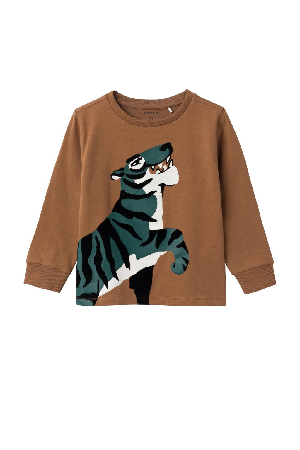 Bruine jongens NAME IT MINI longsleeve NMMNELEO van katoen met printopdruk, lange mouwen en ronde hals