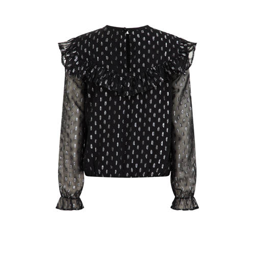 WE Fashion semi-transparante top met all over print en ruches zwart zilver Meisjes Polyester Ronde hals 110 116