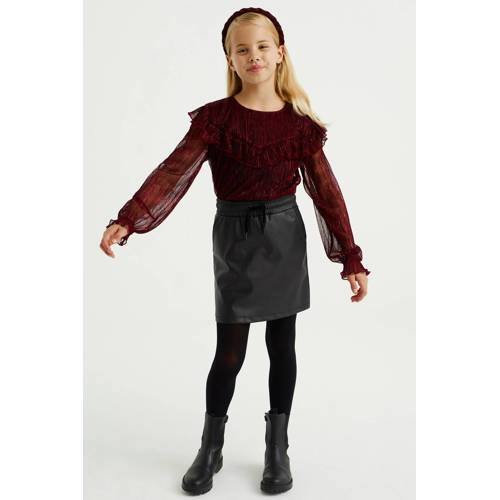 WE Fashion top met ruches donkerrood Meisjes Polyester Ronde hals 122 128