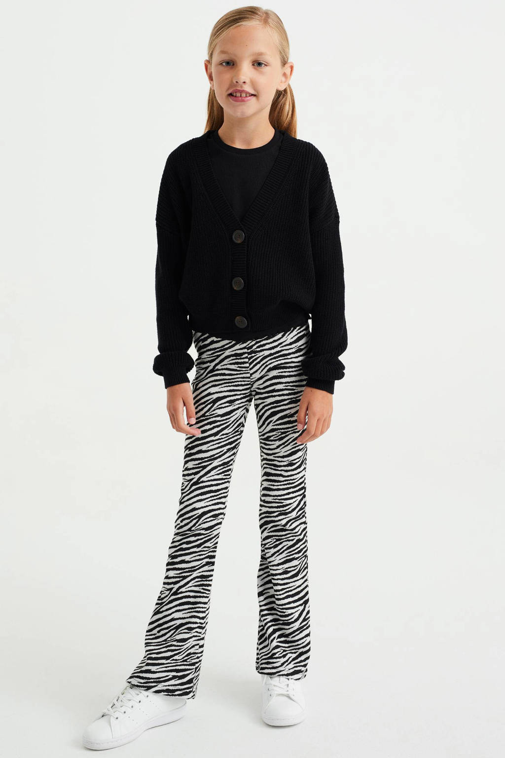 flared broek van gerecycled polyester zwart/wit