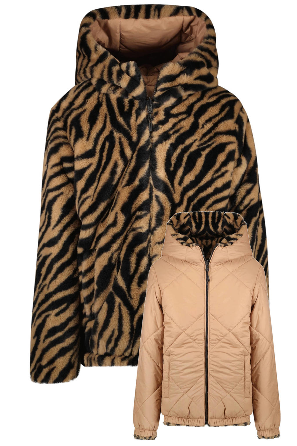 Cars reversible winterjas met imitatiebont zwart/beige