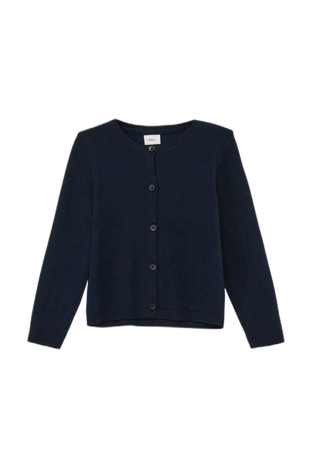 Donkerblauwe meisjes s.Oliver fijngebreid vest van viscose met effen, lange mouwen, ronde hals en knoopsluiting