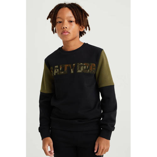 WE Fashion Salty Dog sweater met tekst en 3D applicatie zwart/groen Tekst 