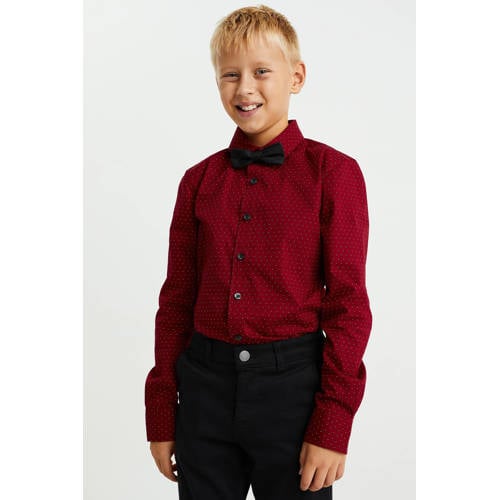 WE Fashion overhemd met vlinderstrik rood Jongens Stretchdenim Klassieke kraag 92