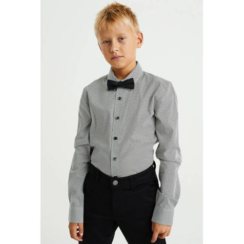 WE Fashion overhemd met vlinderstrik zwart/wit Jongens Stretchdenim Klassieke kraag