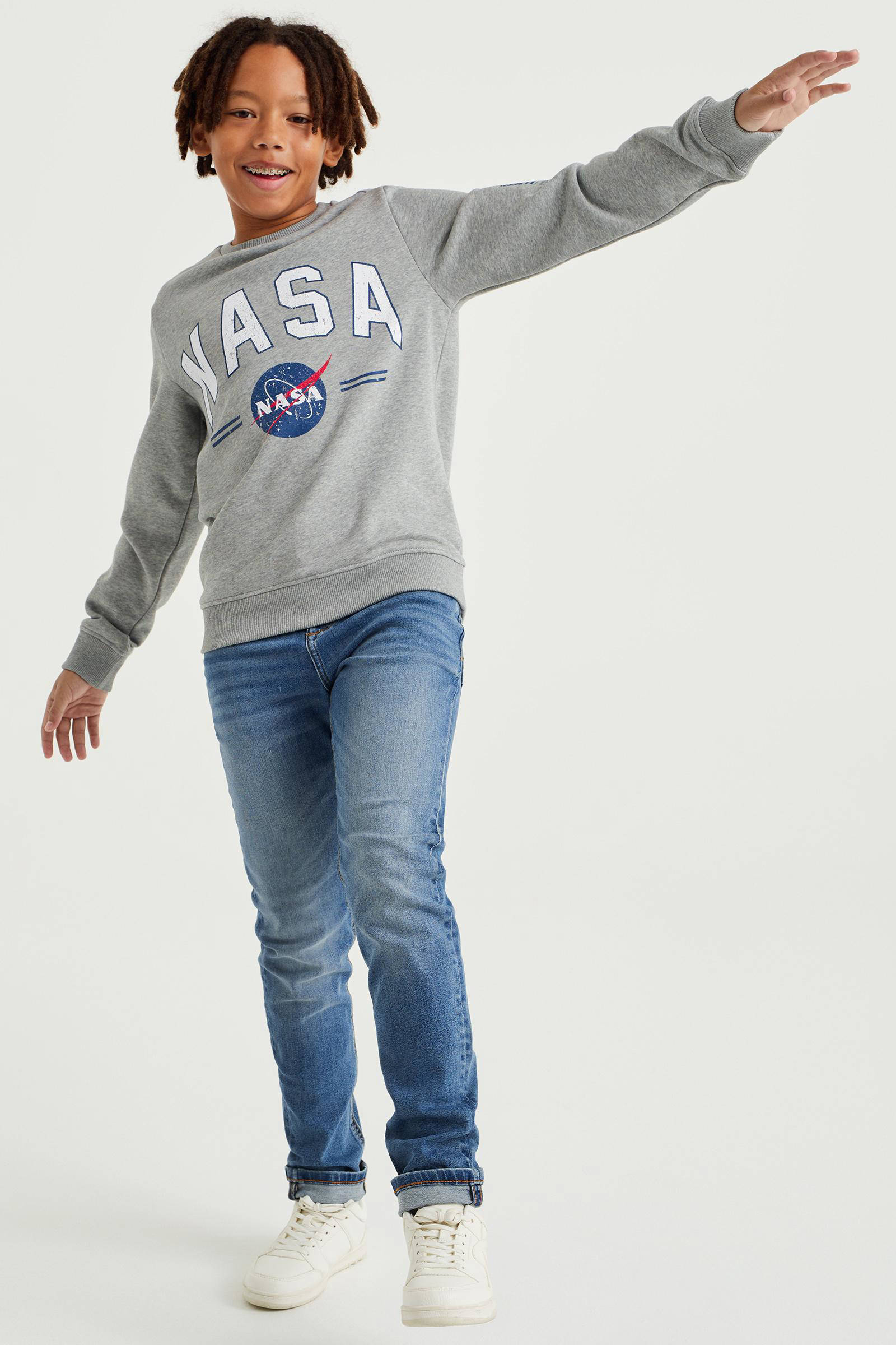 WE Fashion sweater Nasa met printopdruk grijs melange kleertjes