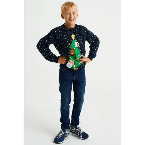 WE Fashion kerstsweater met all over print donkerblauw groen All over print 98 104