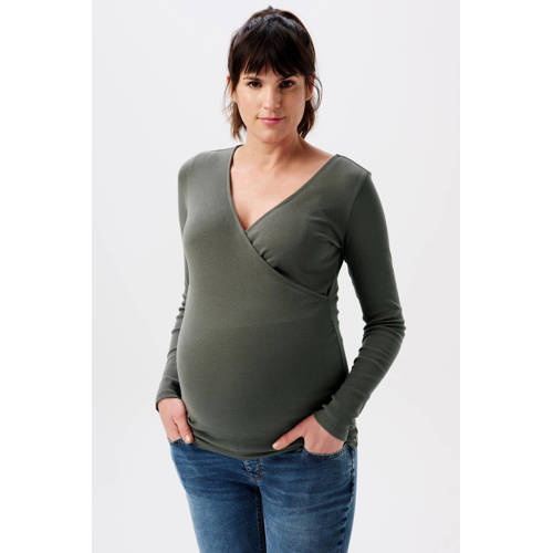 Noppies maternity ribgebreide zwangerschaps- en voedingslongsleeve Sara olijfgroen Dames Stretchkatoen V-hals - maat S afbeelding