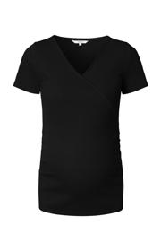 thumbnail: Zwarte dames Noppies maternity ribgebreid zwangerschapsshirt Sanson van stretchkatoen met effen, korte mouwen en V-hals