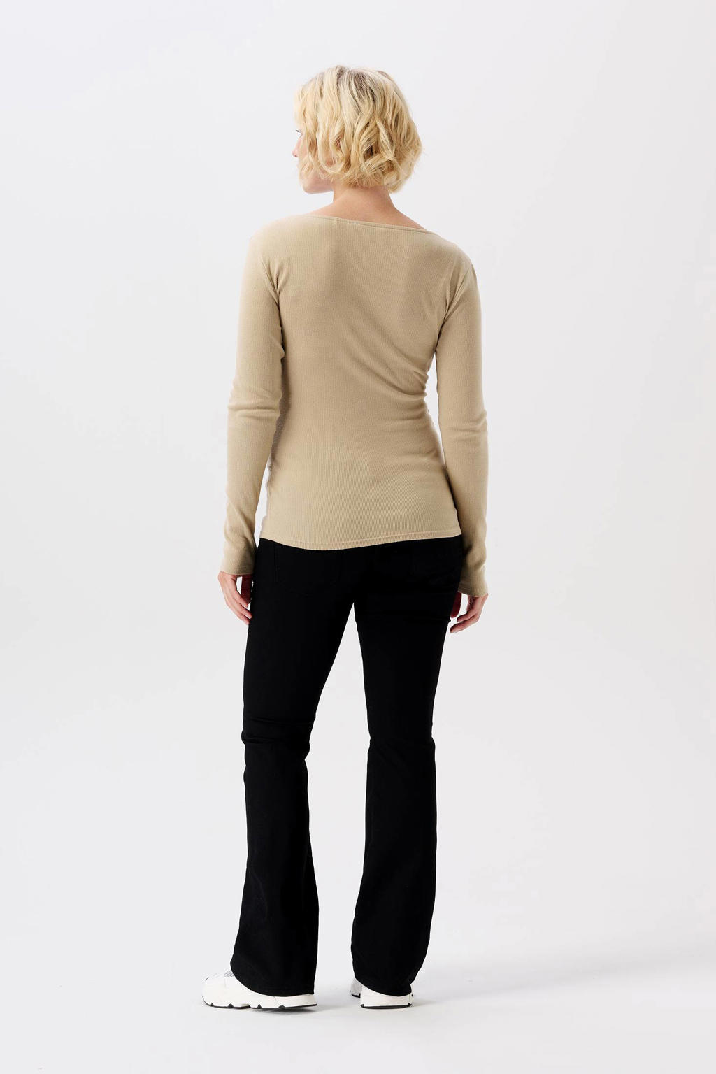 Beige dames Noppies ribgebreide zwangerschaps- en voedingslongsleeve Sara van duurzaam stretchkatoen met lange mouwen en V-hals