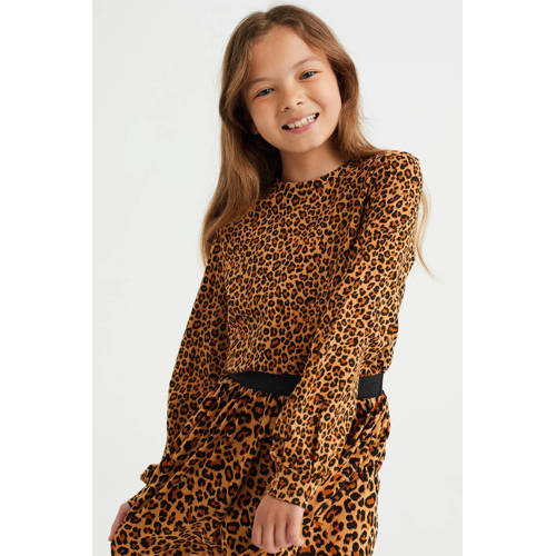 WE Fashion jurk met dierenprint bruin/zwart Meisjes Katoen Ronde hals Dierenprint - 92