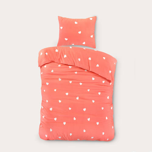 W polyester-katoenen dekbedovertrek 1 persoons (140x220 cm) Roze Hartjes