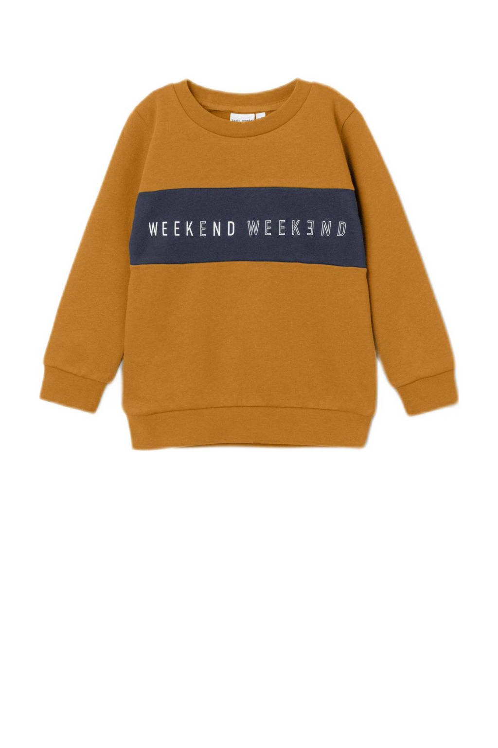 sweater NMMVANCE met tekst goudgeel/donkerblauw