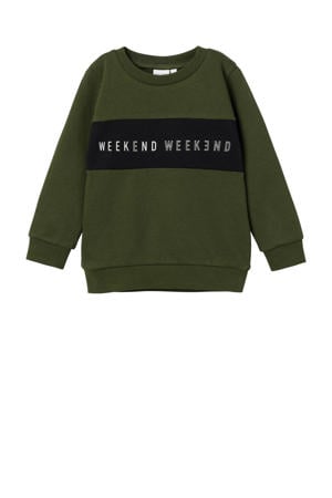 sweater NMMVANCE met tekst donkergroen/zwart