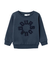 thumbnail: Donkerblauwe meisjes NAME IT MINI sweater en 3D applicatie met printopdruk, lange mouwen en ronde hals