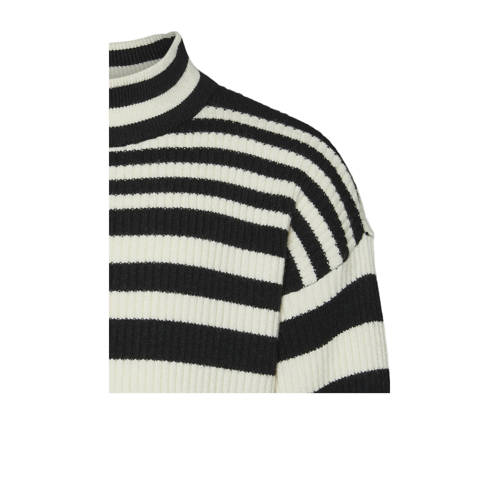 VERO MODA GIRL gestreepte ribgebreide trui VMHERMOSA zwart beige Meisjes Viscose Opstaande kraag 116