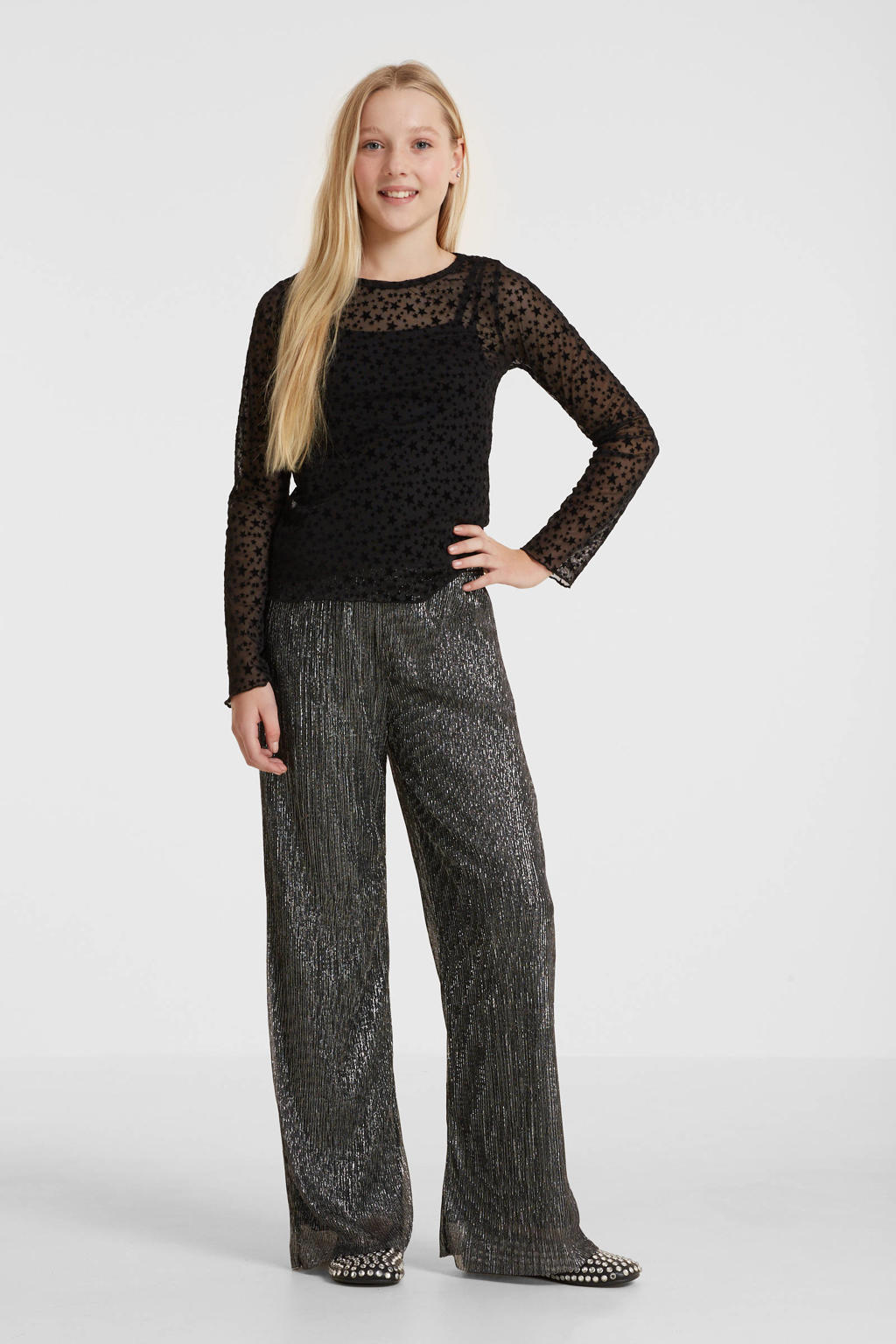 anytime plisse wide leg broek zwart/zilver