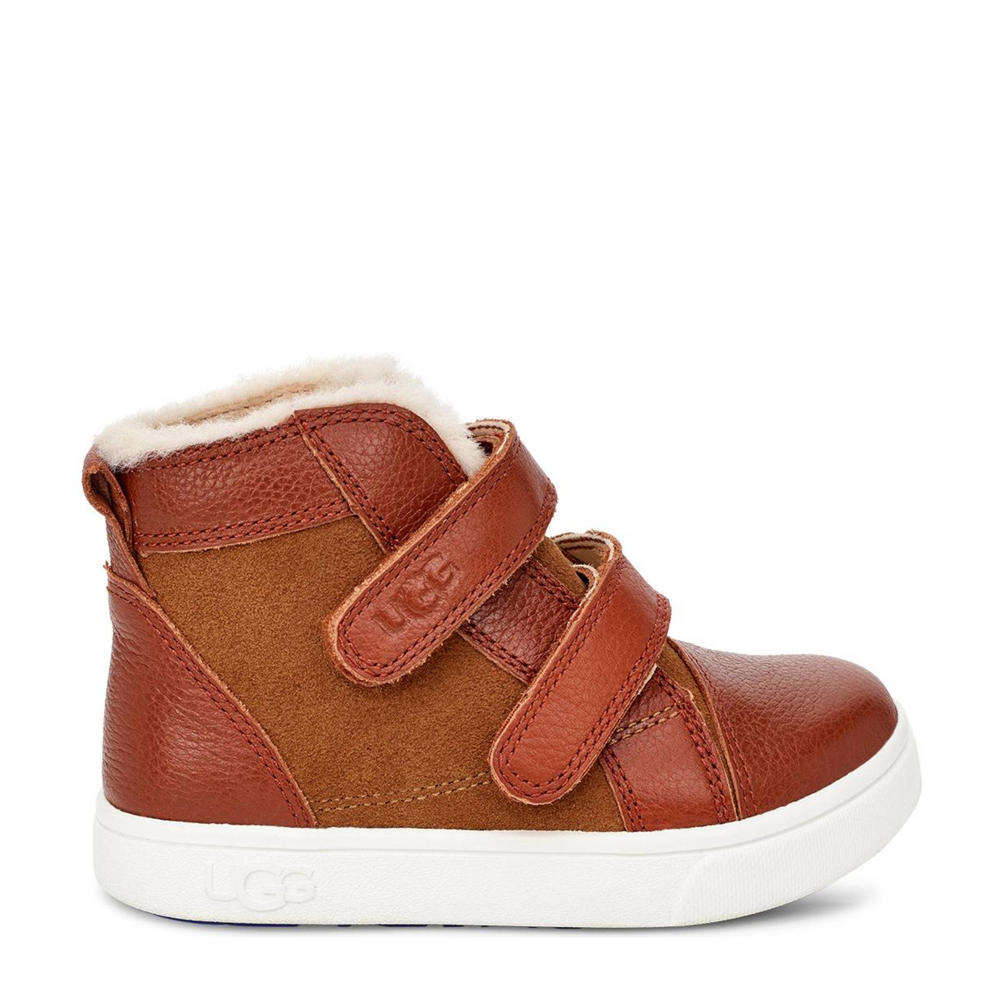 Cognackleurige jongens UGG T Rennon II leren enkelboots met klittenband en effen