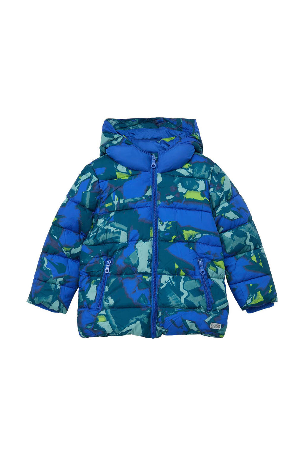 Blauw en groene jongens s.Oliver gewatteerde winterjas hardblauw van polyester met all over print, lange mouwen, capuchon en ritssluiting